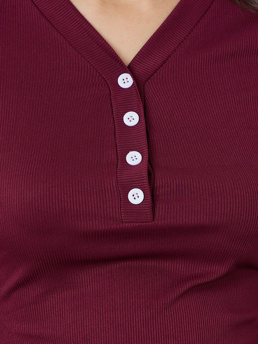 Burgundy Ribbed Henley V Neck T-Shirt