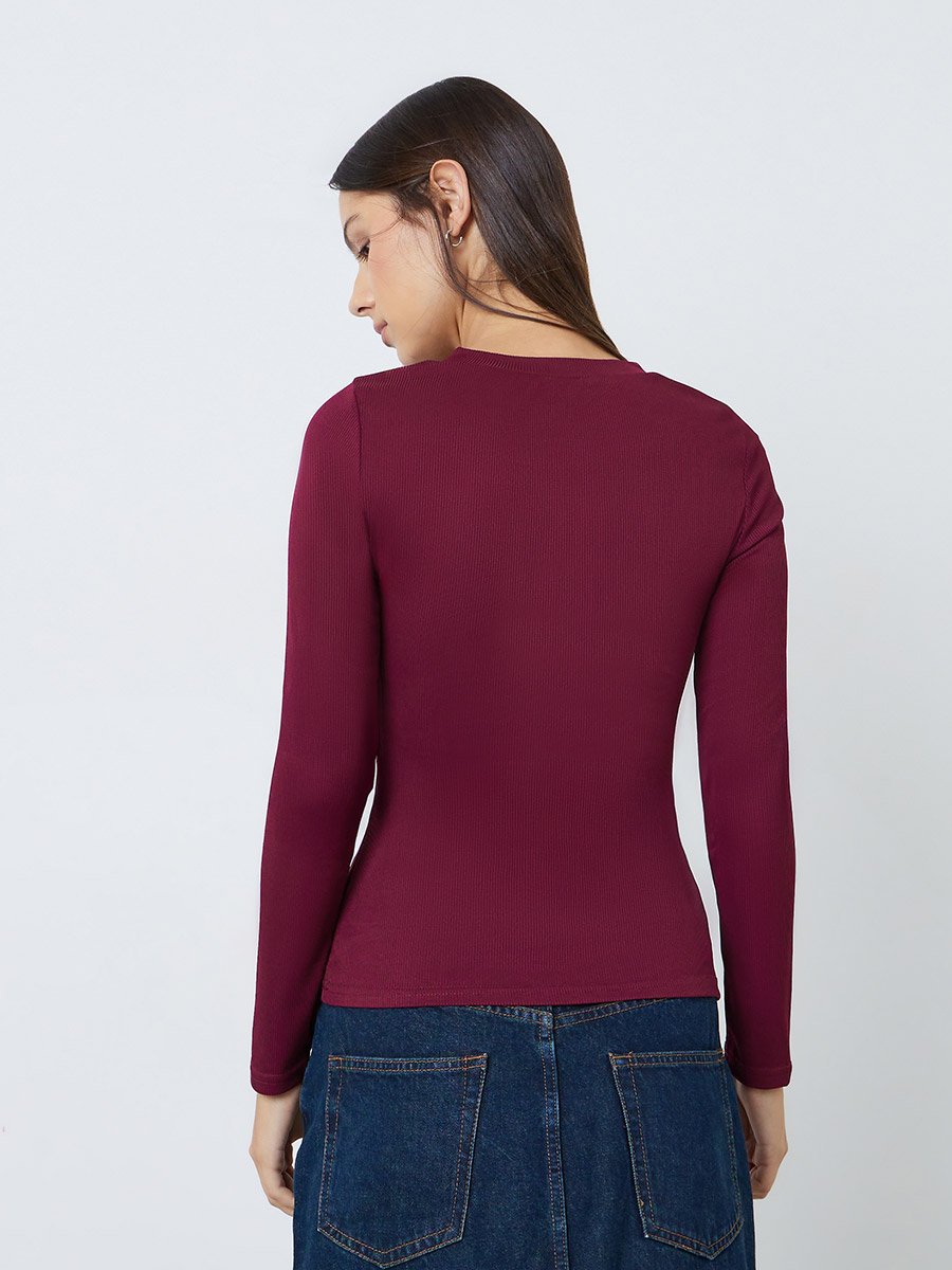 Burgundy Ribbed Henley V Neck T-Shirt