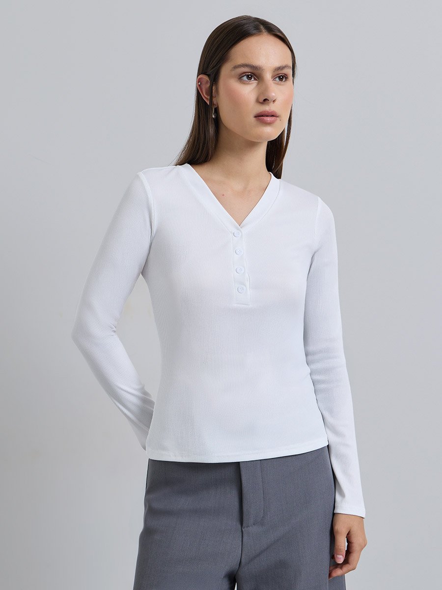 White Ribbed Henley V Neck T-Shirt