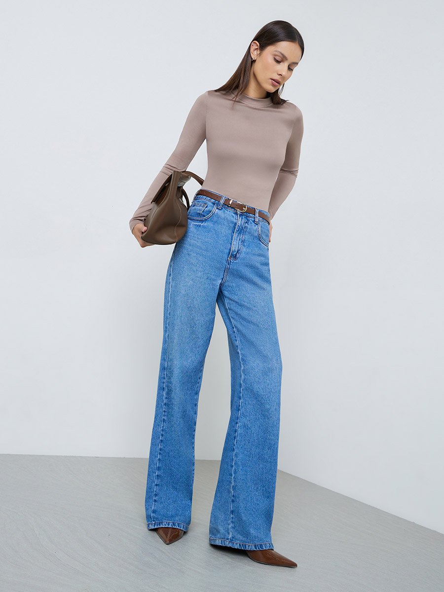 Brown Fitted Mock Neck T-Shirt