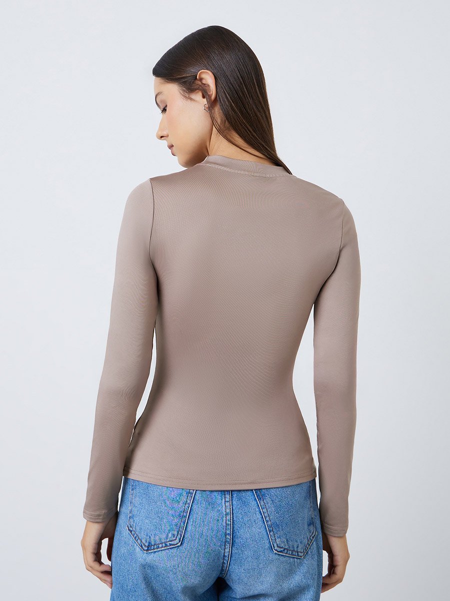 Brown Fitted Mock Neck T-Shirt