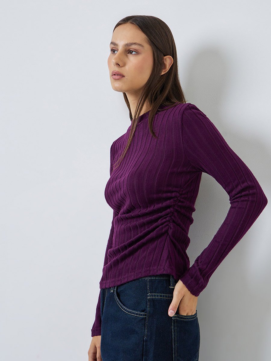 Purple Ribbed Mock Neck Ruched T-Shirt