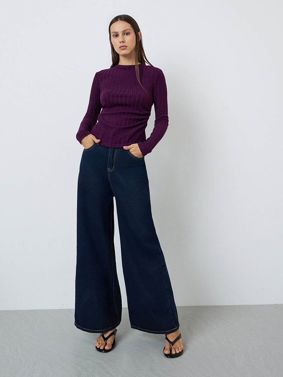 Purple Ribbed Mock Neck Ruched T-Shirt