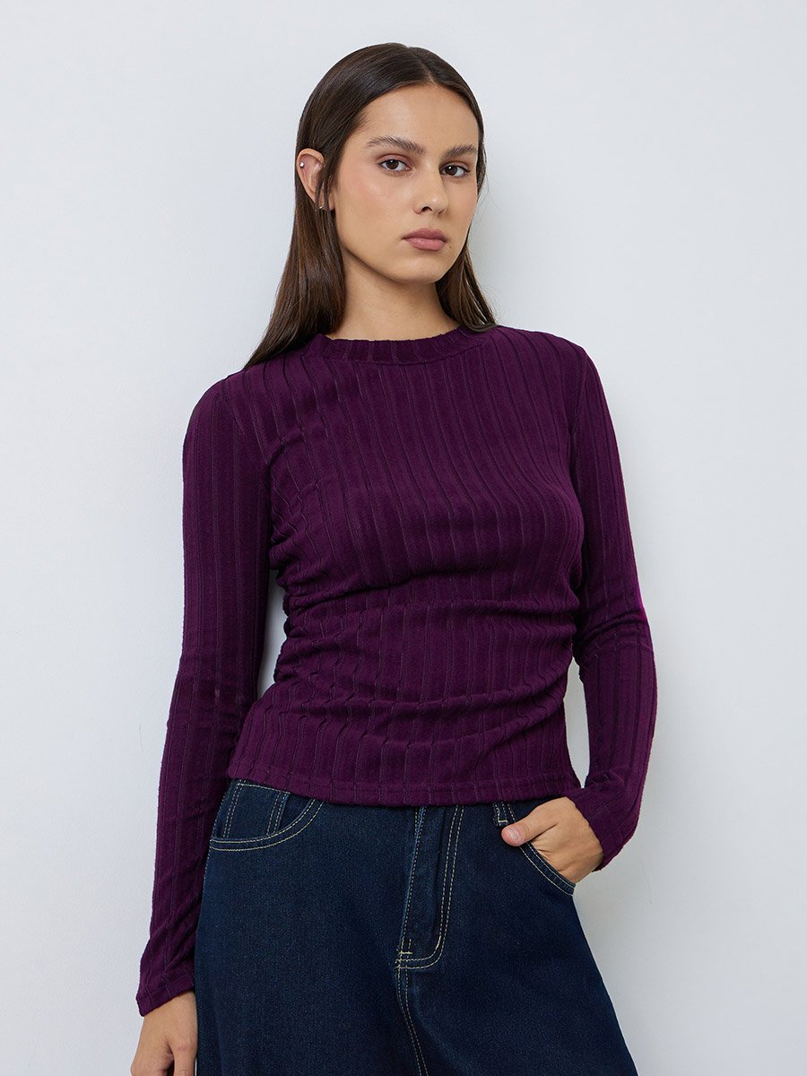 Purple Ribbed Mock Neck Ruched T-Shirt