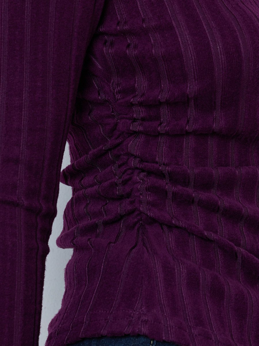 Purple Ribbed Mock Neck Ruched T-Shirt