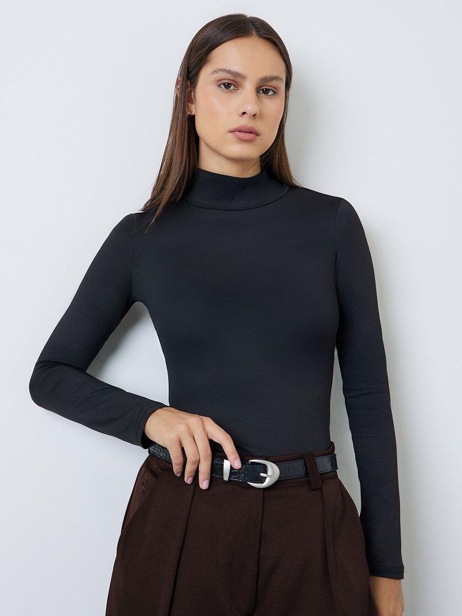 Black High Neck Long Sleeve Fitted T-Shirt