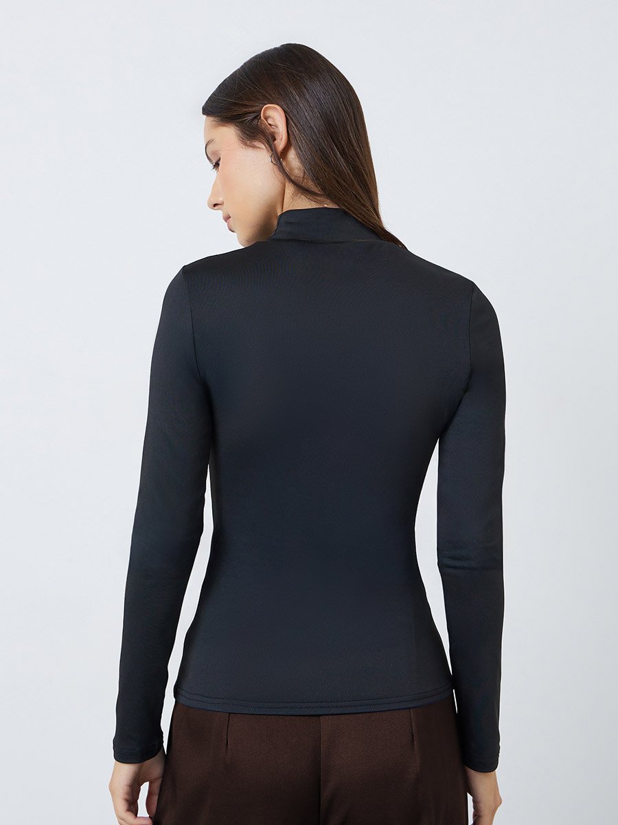 Black High Neck Long Sleeve Fitted T-Shirt