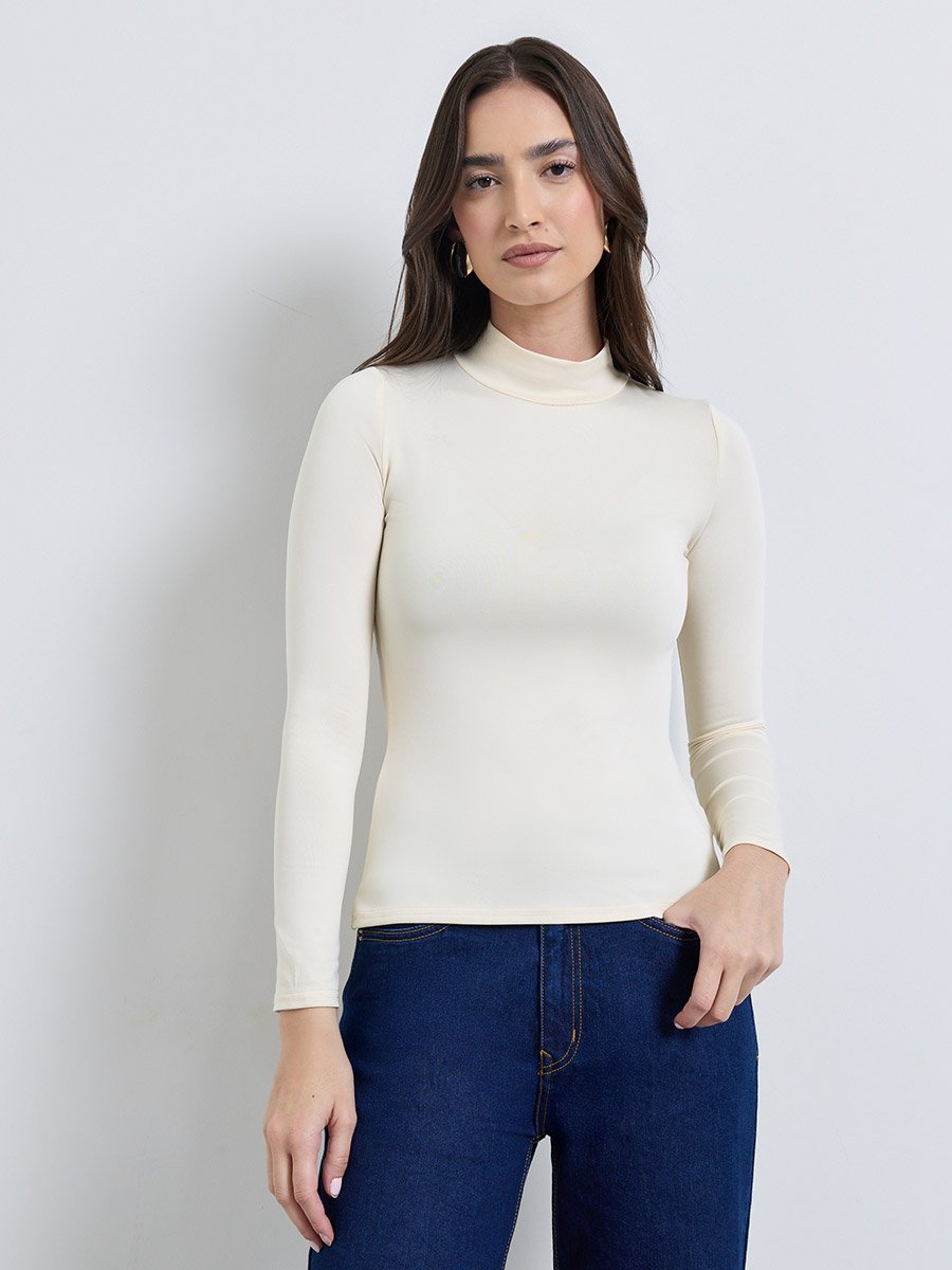 Cream High Neck Long Sleeve Fitted T-Shirt