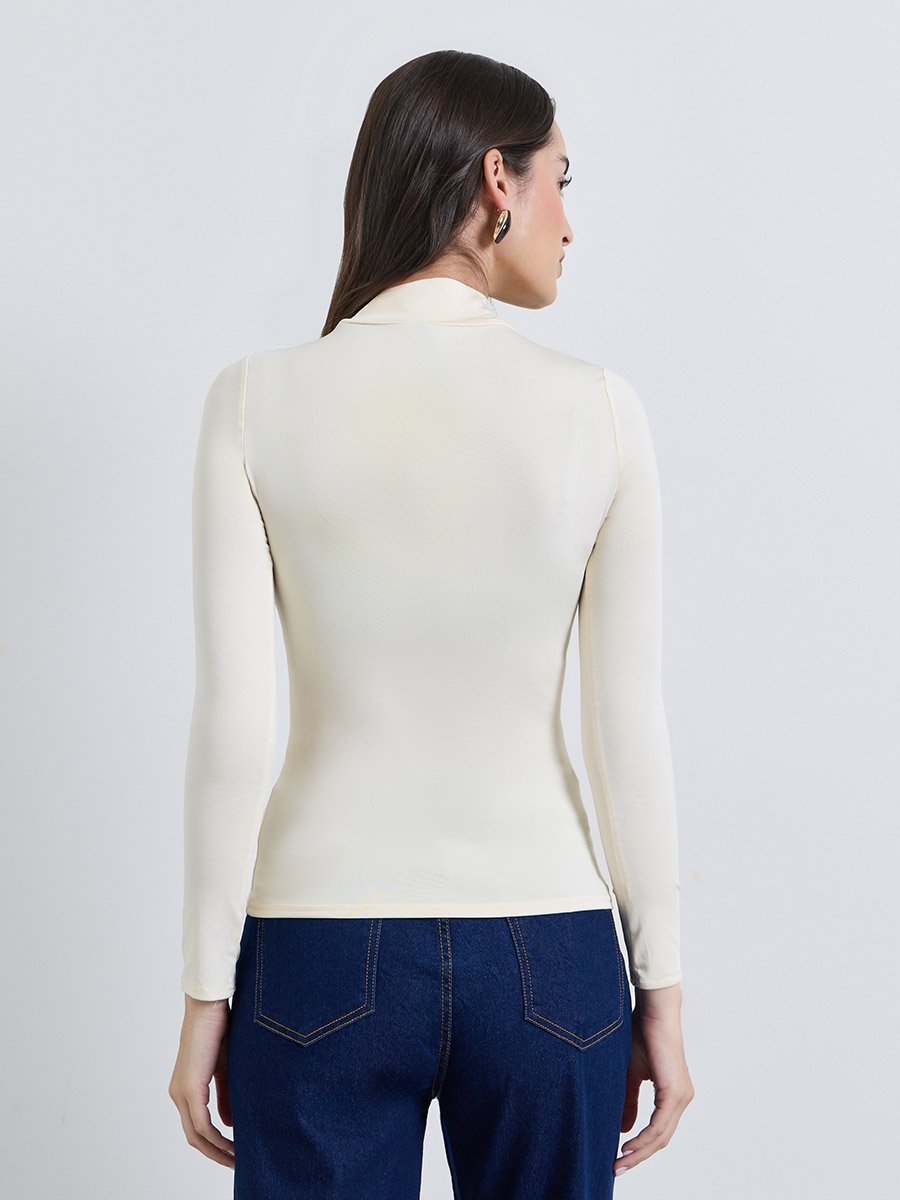Cream High Neck Long Sleeve Fitted T-Shirt