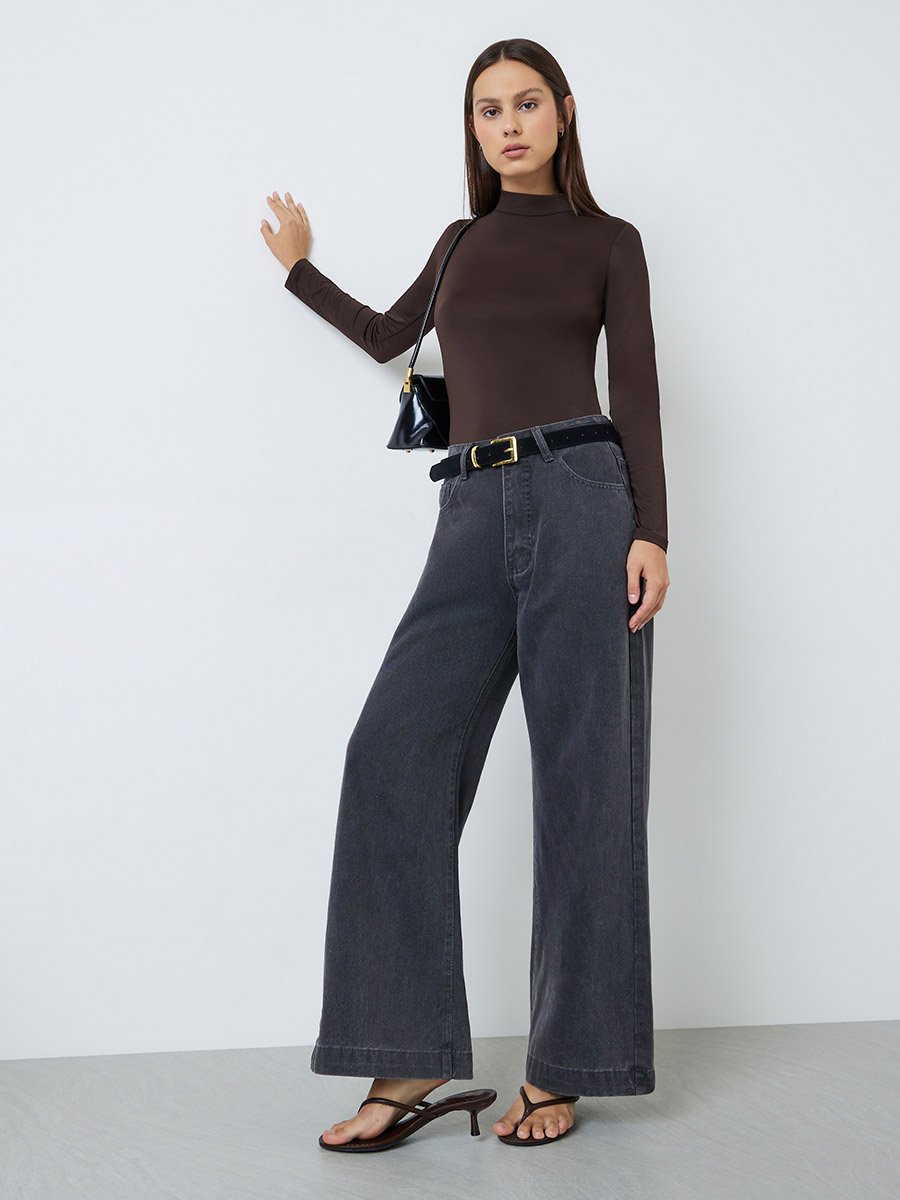 Brown High Neck Long Sleeve Fitted T-Shirt