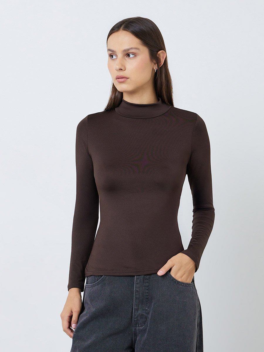 Brown High Neck Long Sleeve Fitted T-Shirt
