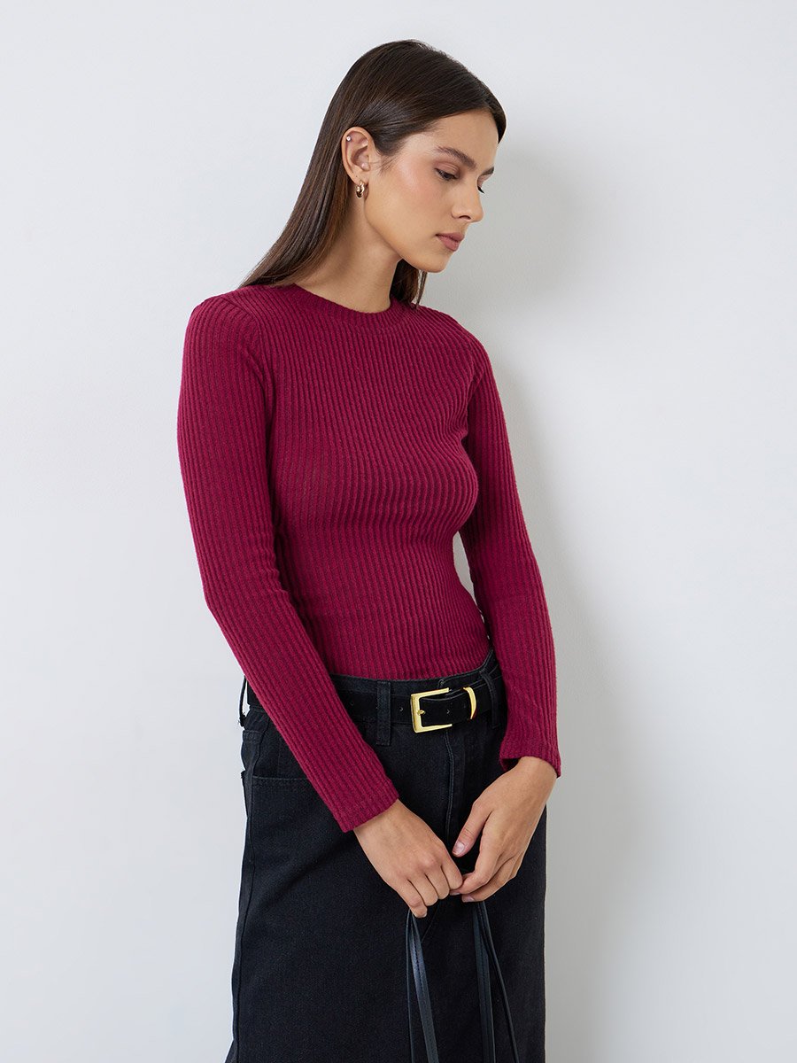 Burgundy Ribbed Fitted Long Sleeve T-Shirt