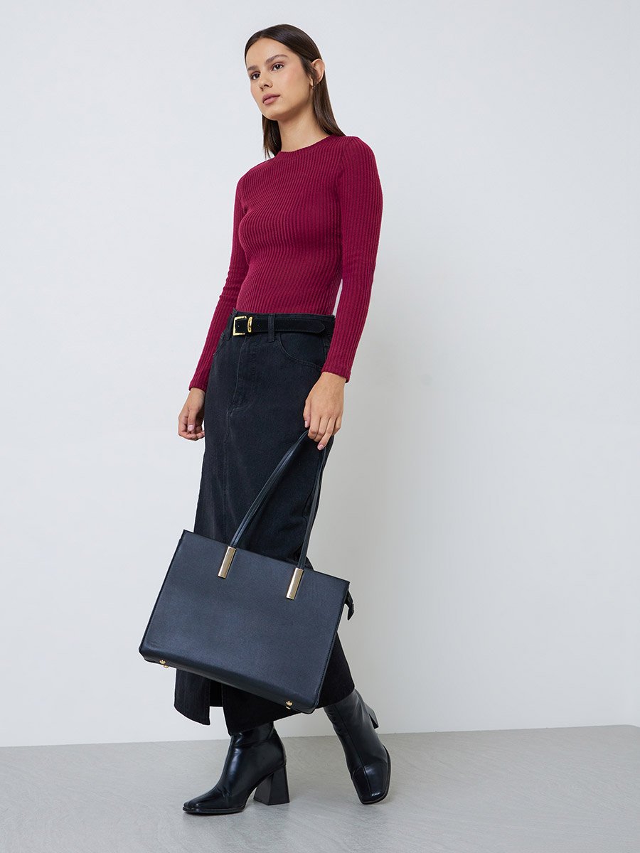 Burgundy Ribbed Fitted Long Sleeve T-Shirt