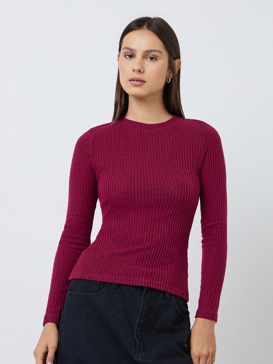 Burgundy Ribbed Fitted Long Sleeve T-Shirt