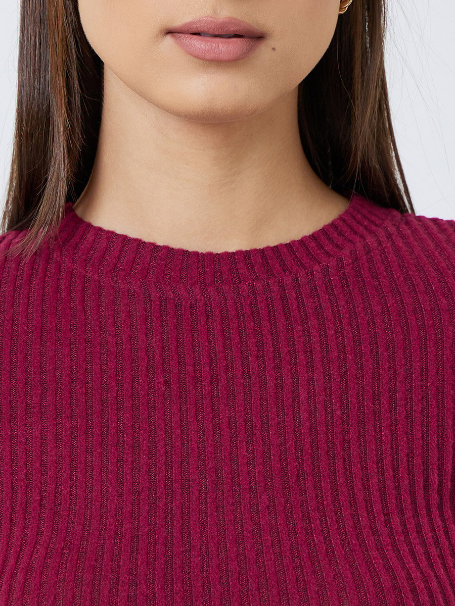 Burgundy Ribbed Fitted Long Sleeve T-Shirt