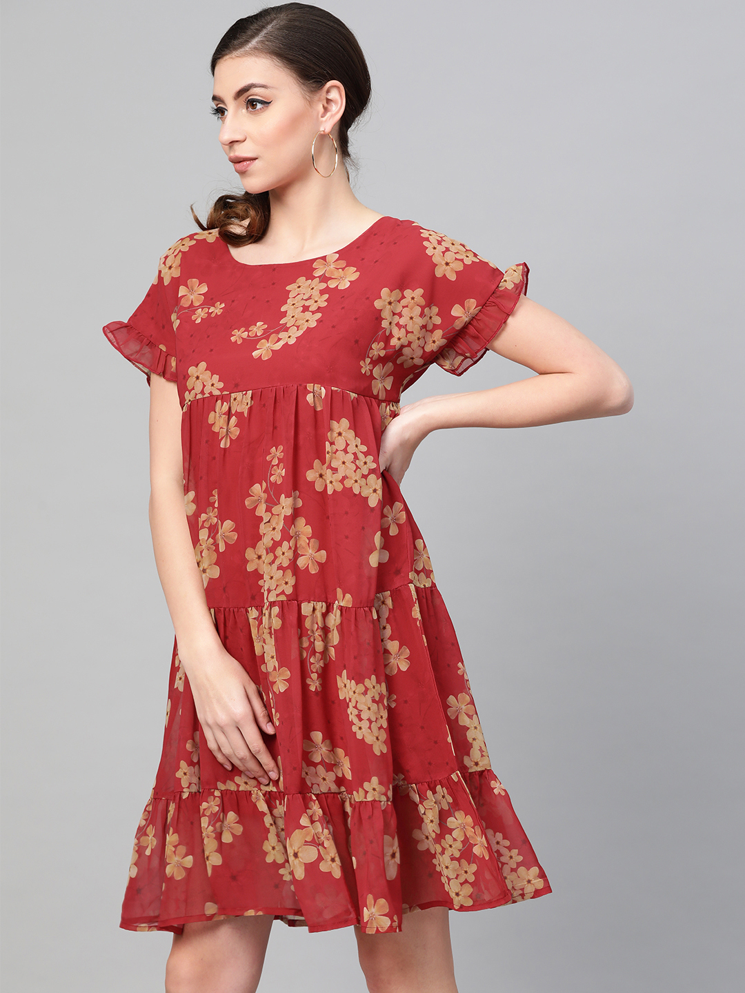Maroon Floral A-Line Mini Dress with Short Sleeves