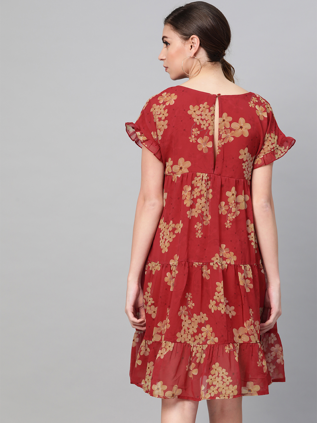 Maroon Floral A-Line Mini Dress with Short Sleeves