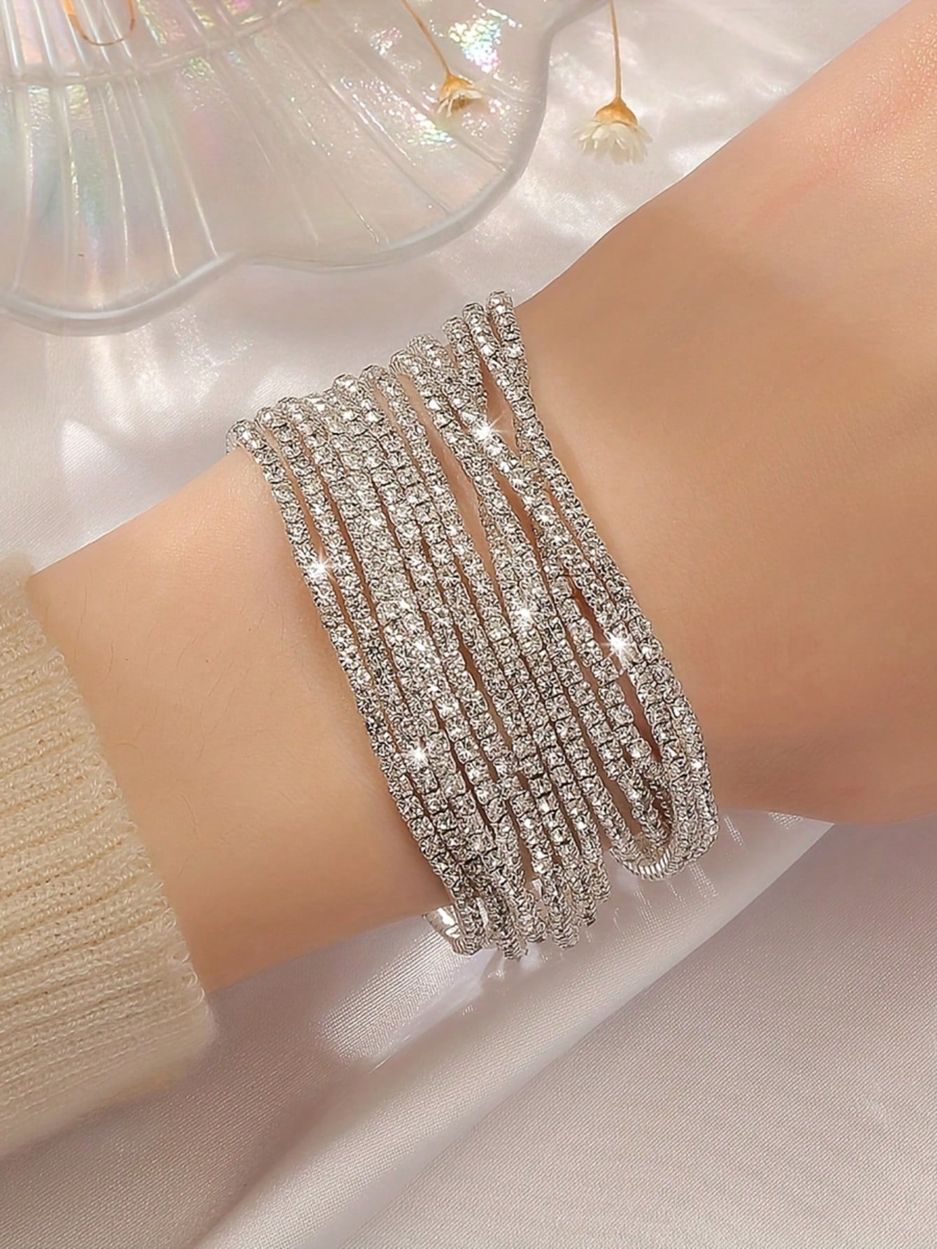 Sparkling Silver Elastic Rhinestone Bracelets - 12-Piece Set for Parties and Weddings