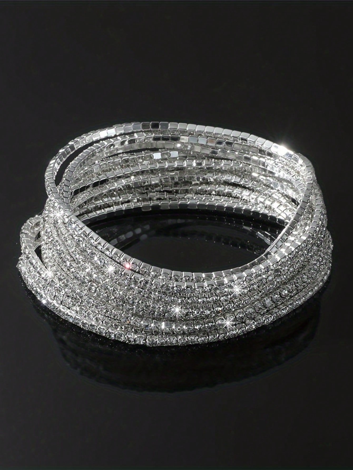 Sparkling Silver Elastic Rhinestone Bracelets - 12-Piece Set for Parties and Weddings
