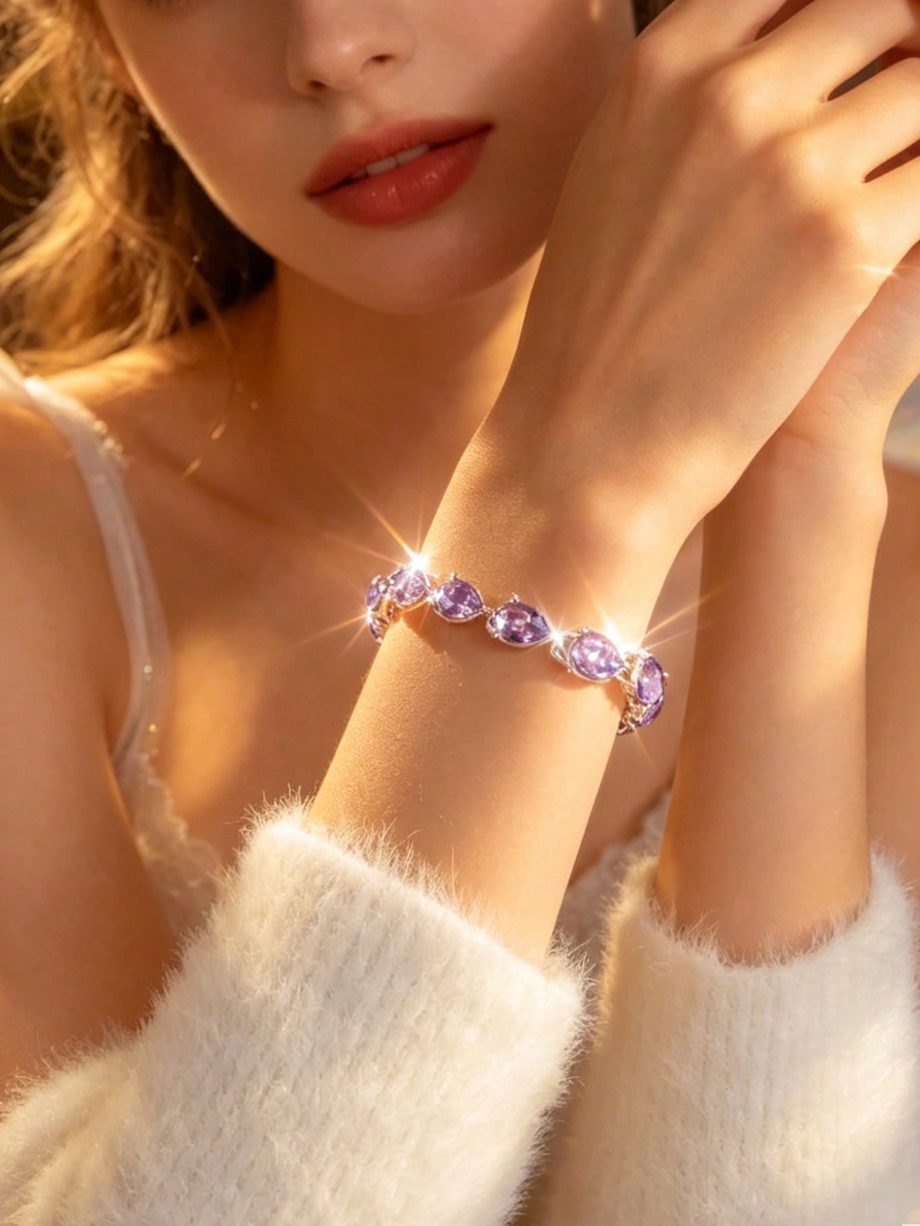 Purple Teardrop Rhinestone Bracelet - Link Chain for Everyday Glamour