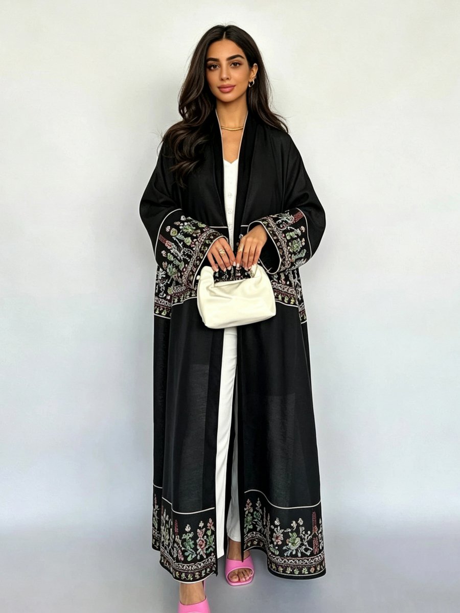 Black Embroidered Open Front Abaya