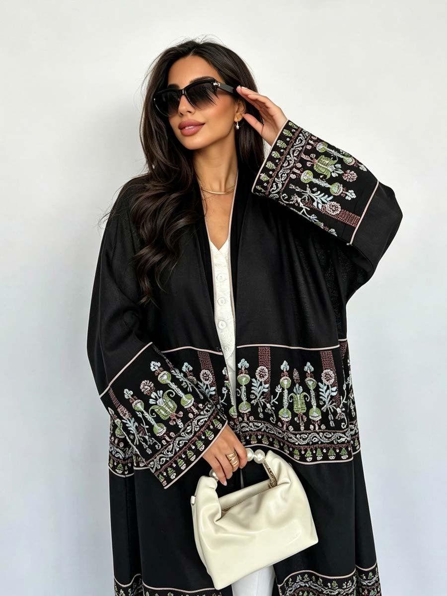 Black Embroidered Open Front Abaya
