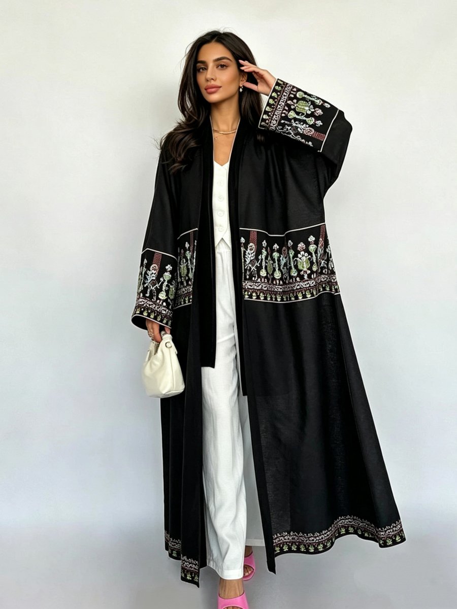 Black Embroidered Open Front Abaya