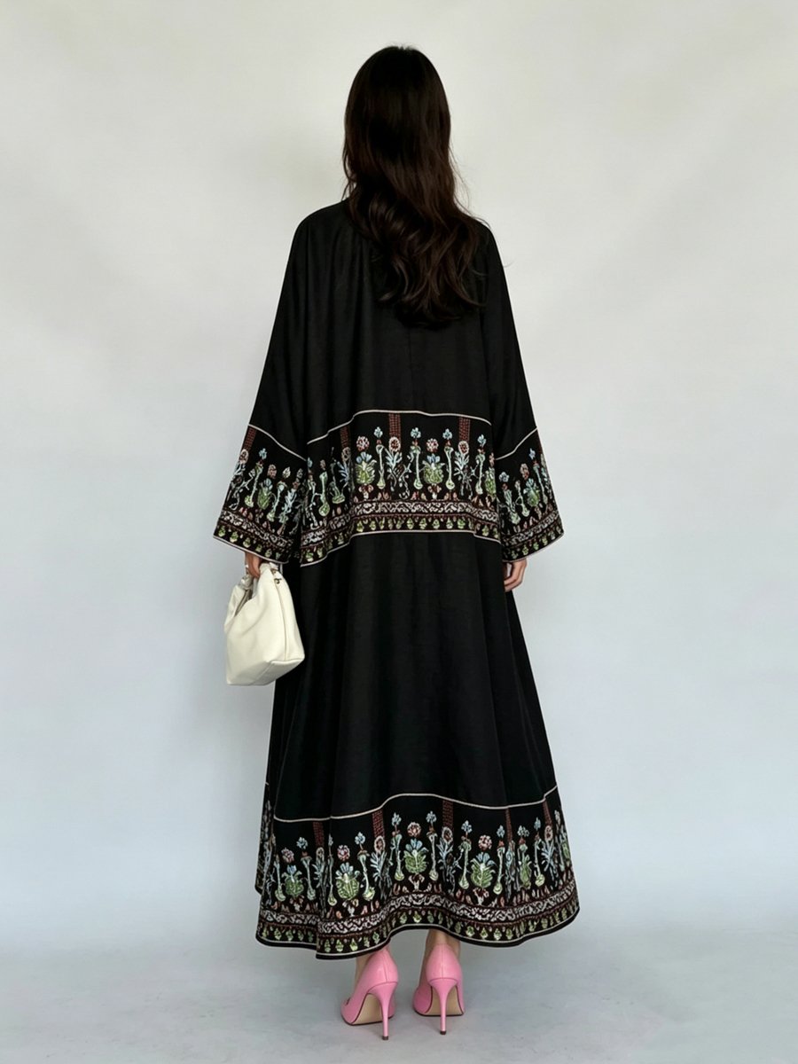 Black Embroidered Open Front Abaya