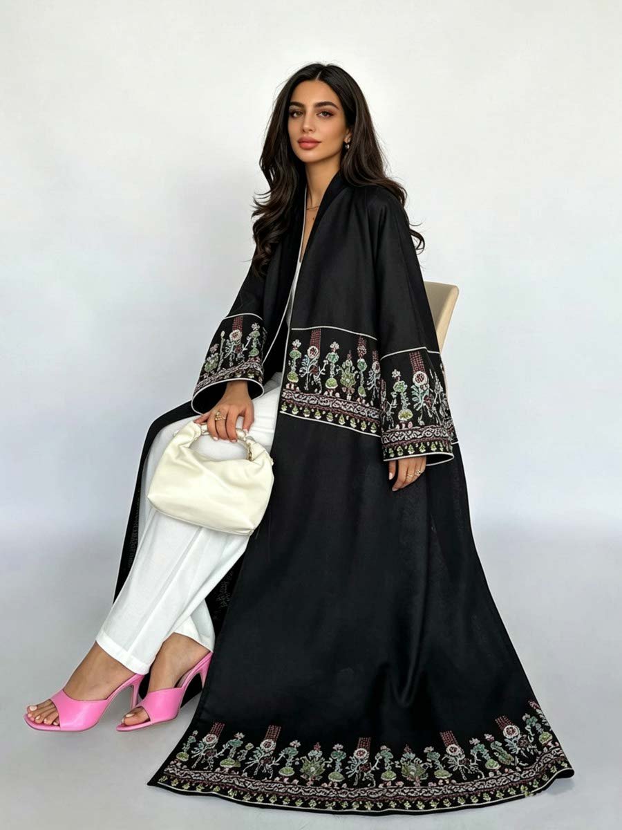 Black Embroidered Open Front Abaya