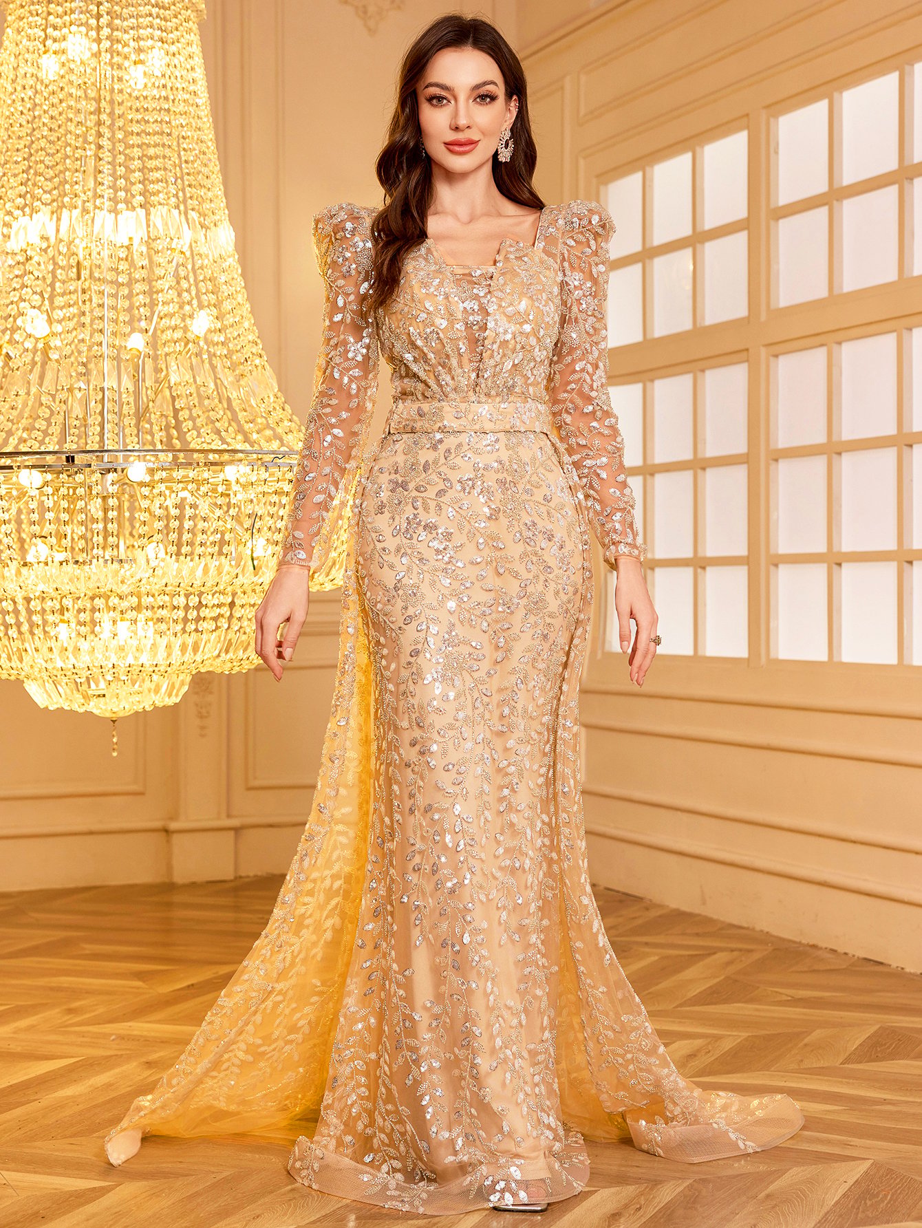 Gold Embellished Draped Maxi Evening Dress