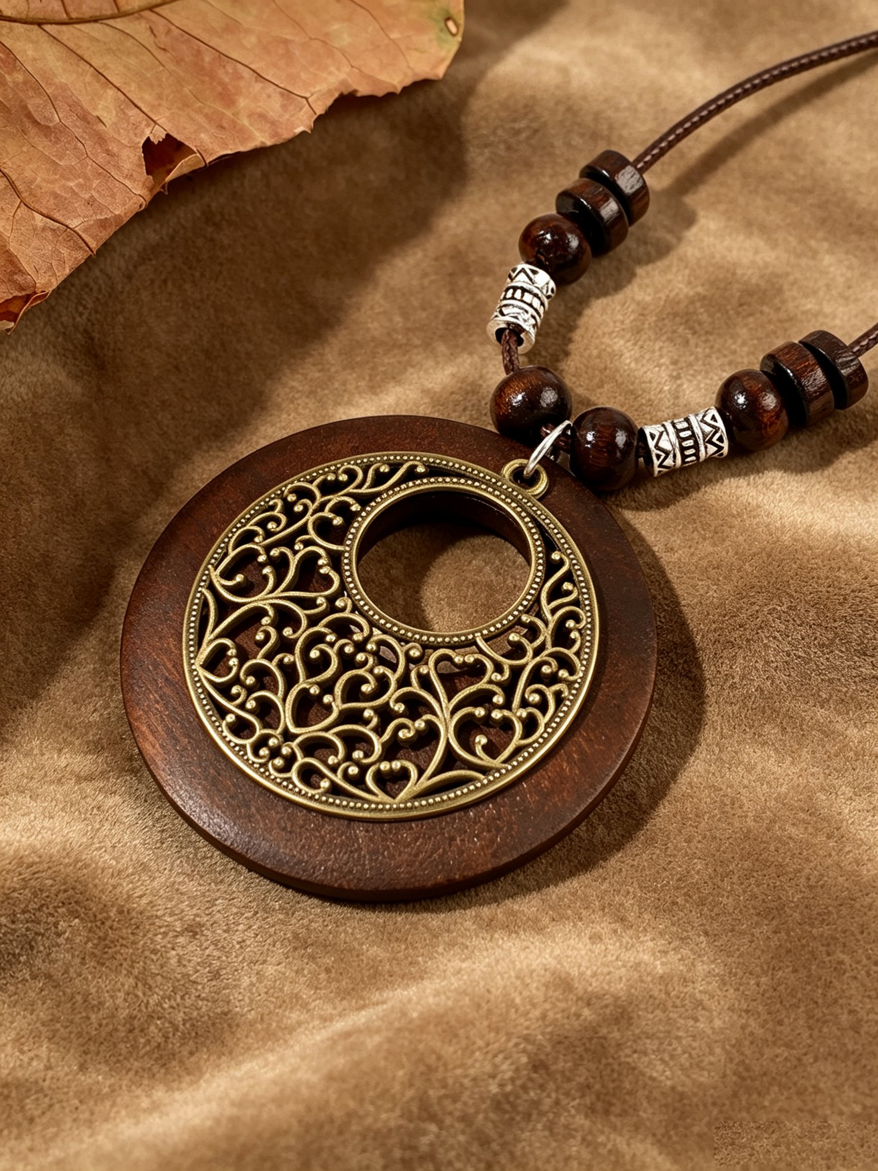 Boho Chic Brown Wood and Filigree Pendant Necklace