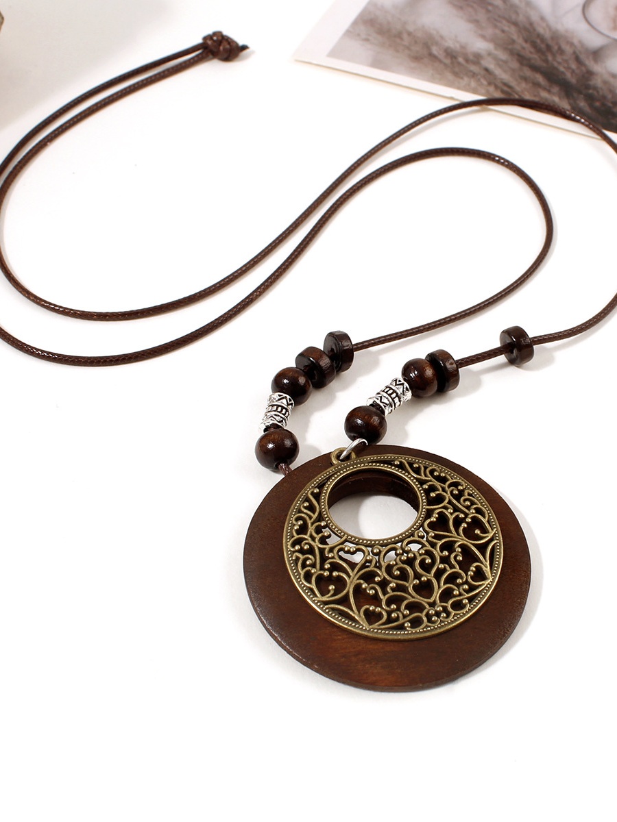 Boho Chic Brown Wood and Filigree Pendant Necklace