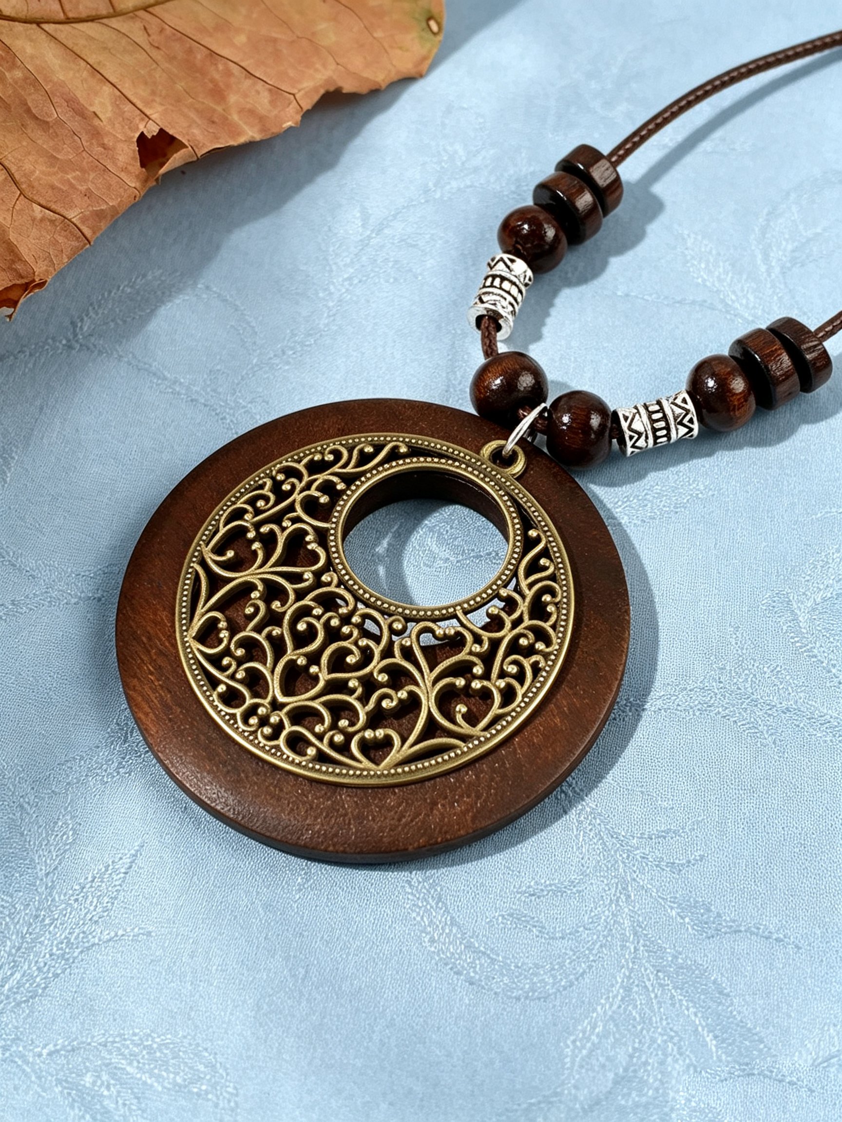 Boho Chic Brown Wood and Filigree Pendant Necklace