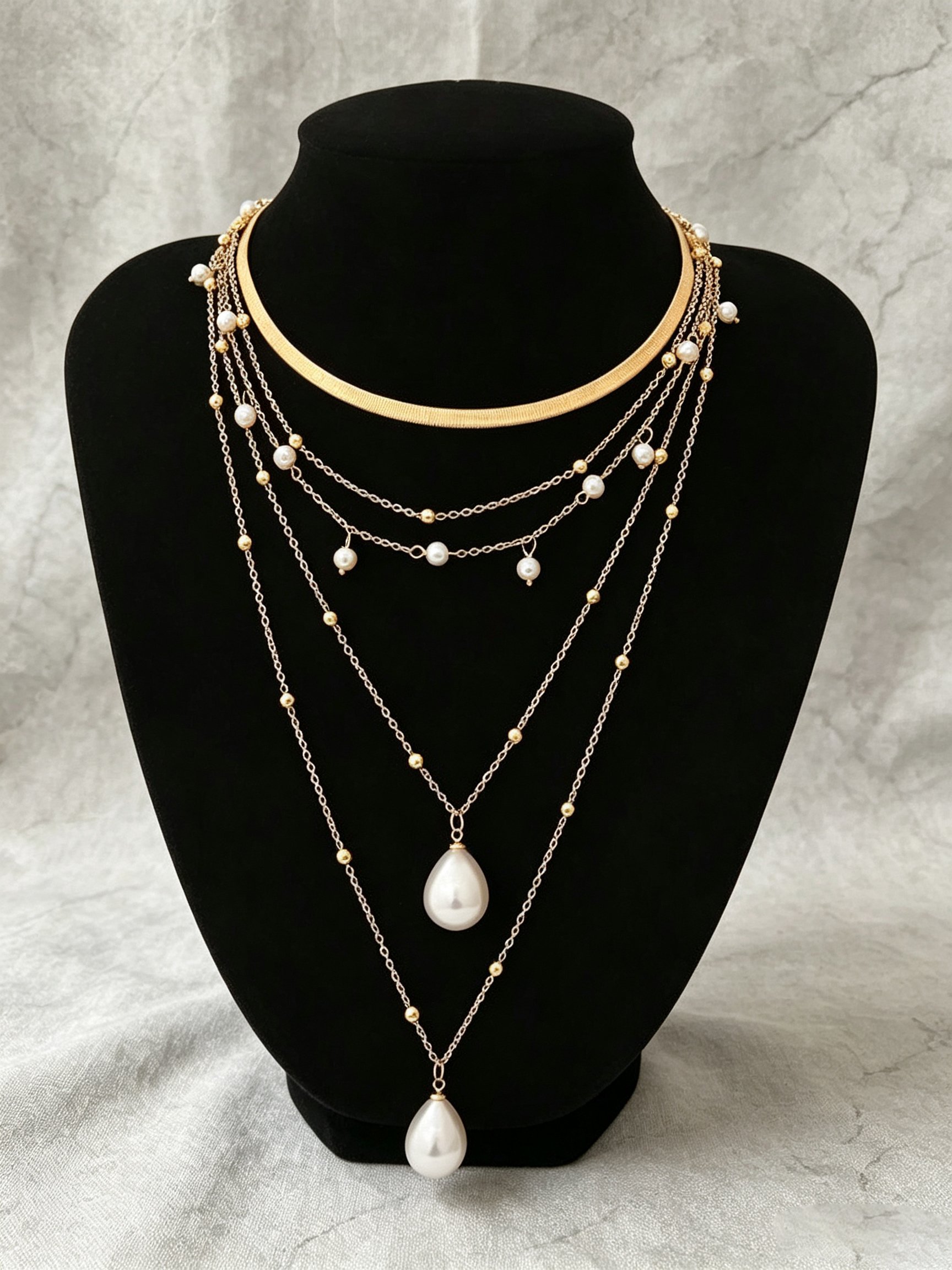 Multi-Layer Gold and Pearl Layered Necklace