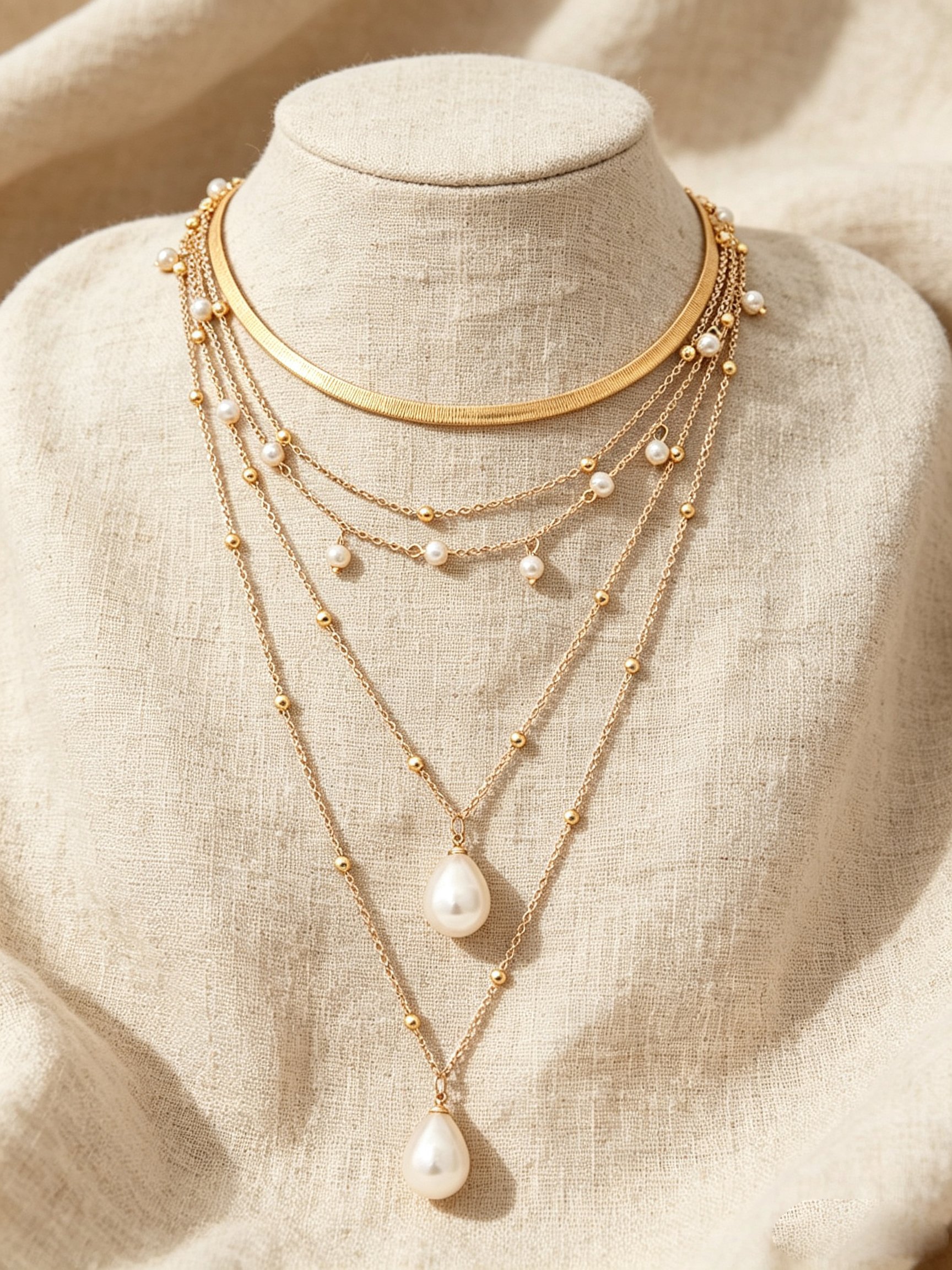 Multi-Layer Gold and Pearl Layered Necklace
