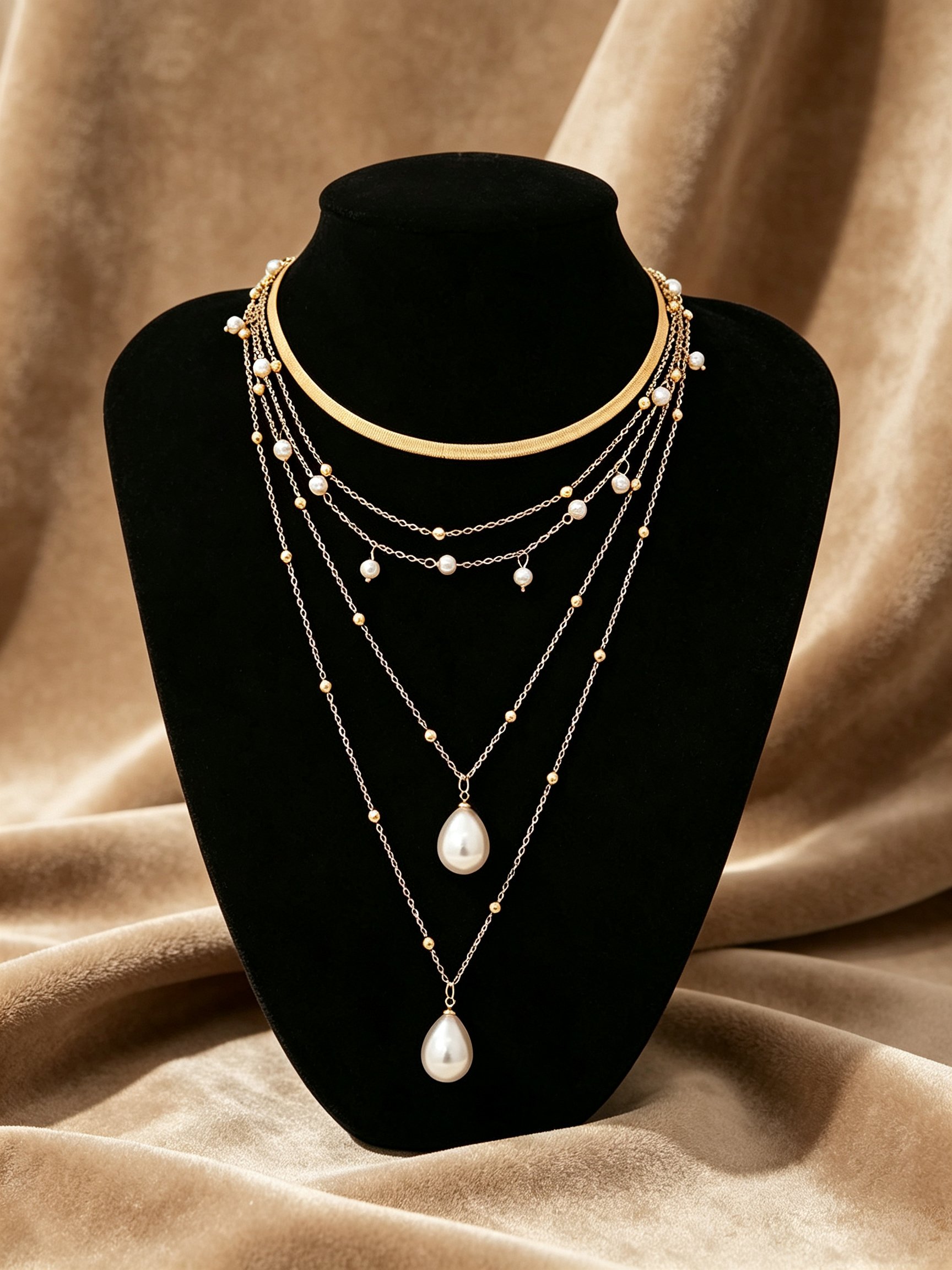 Multi-Layer Gold and Pearl Layered Necklace
