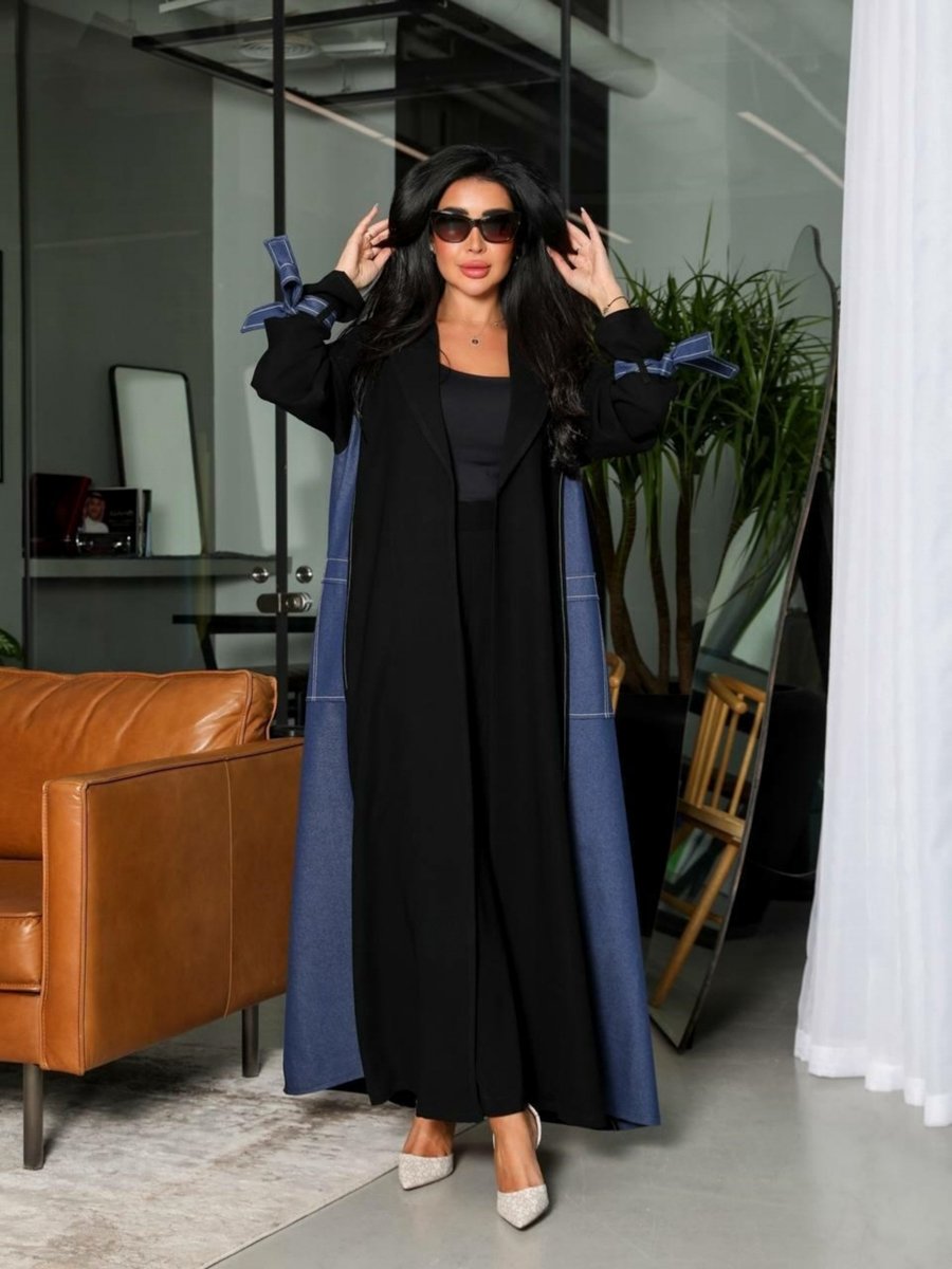 Denim Panel Abaya with Tie-Cuff Sleeves