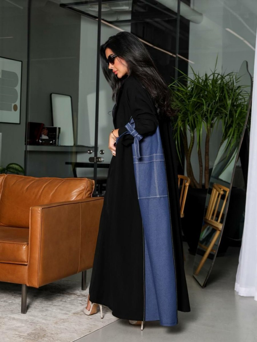 Denim Panel Abaya with Tie-Cuff Sleeves