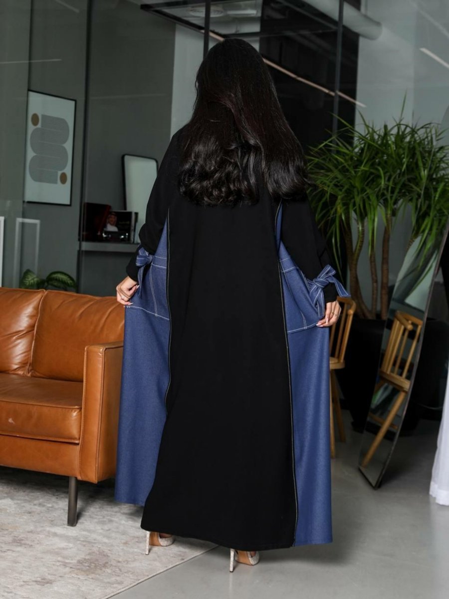 Denim Panel Abaya with Tie-Cuff Sleeves