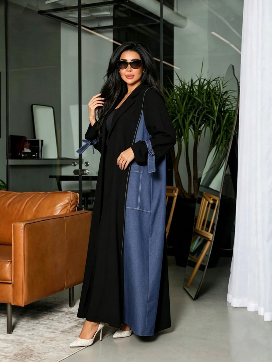 Denim Panel Abaya with Tie-Cuff Sleeves