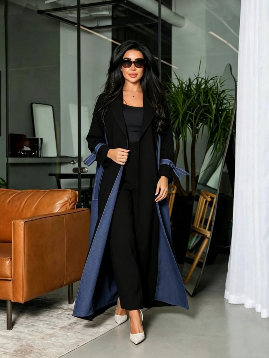 Denim Panel Abaya with Tie-Cuff Sleeves