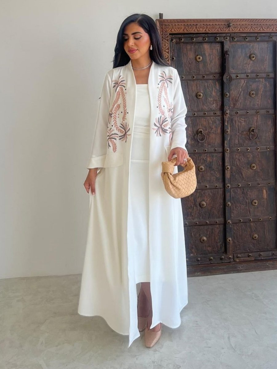 White Embroidered Open Front Abaya