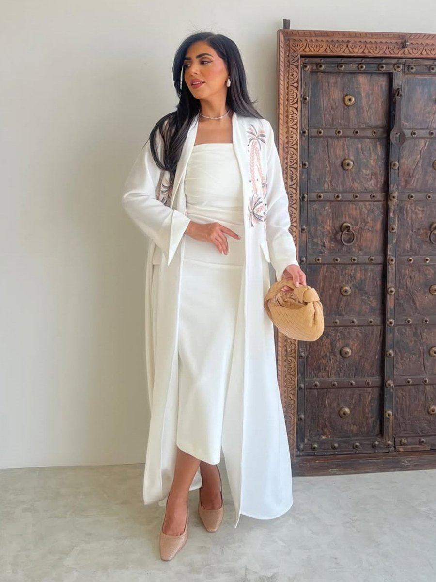 White Embroidered Open Front Abaya