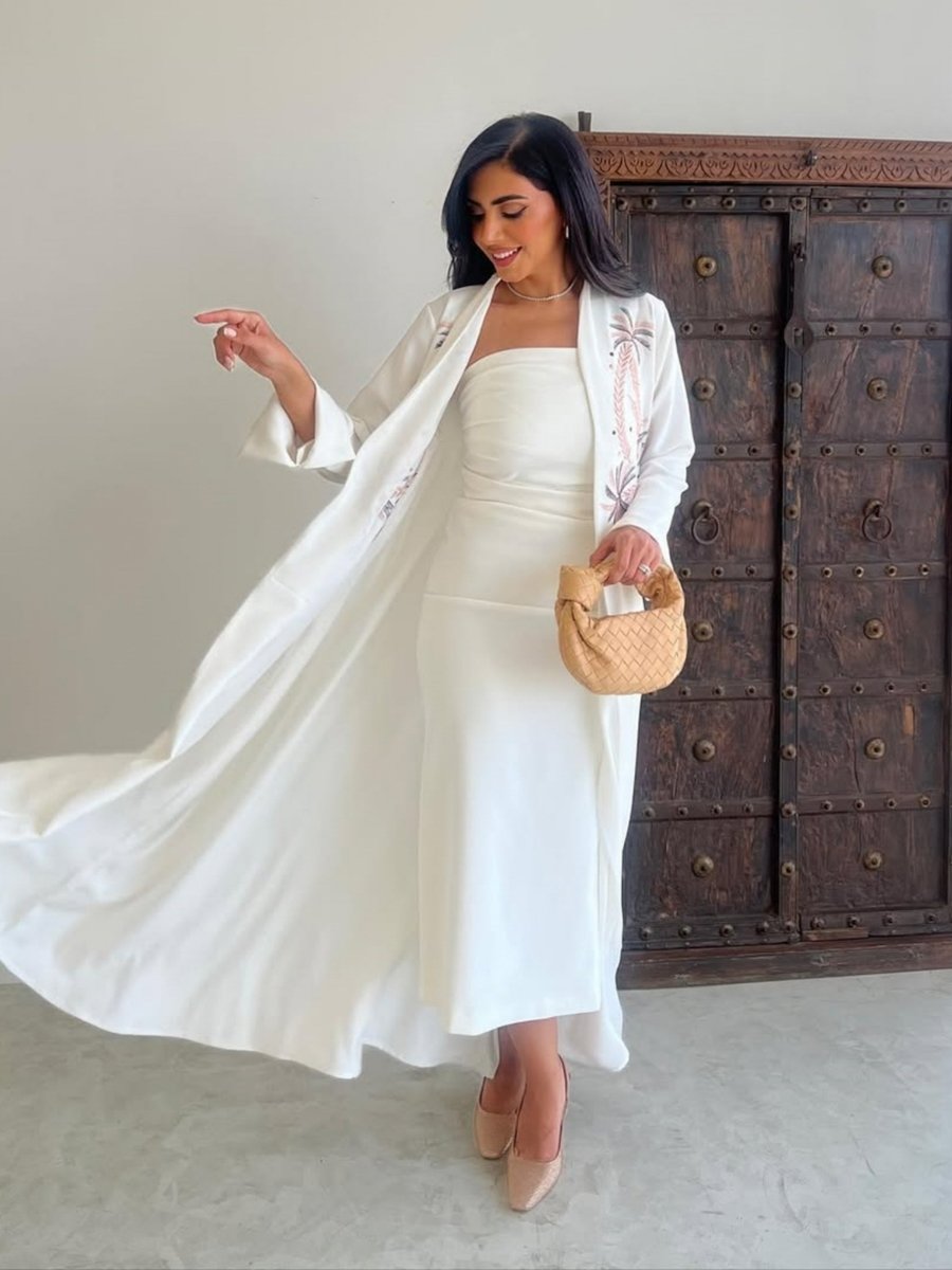 White Embroidered Open Front Abaya