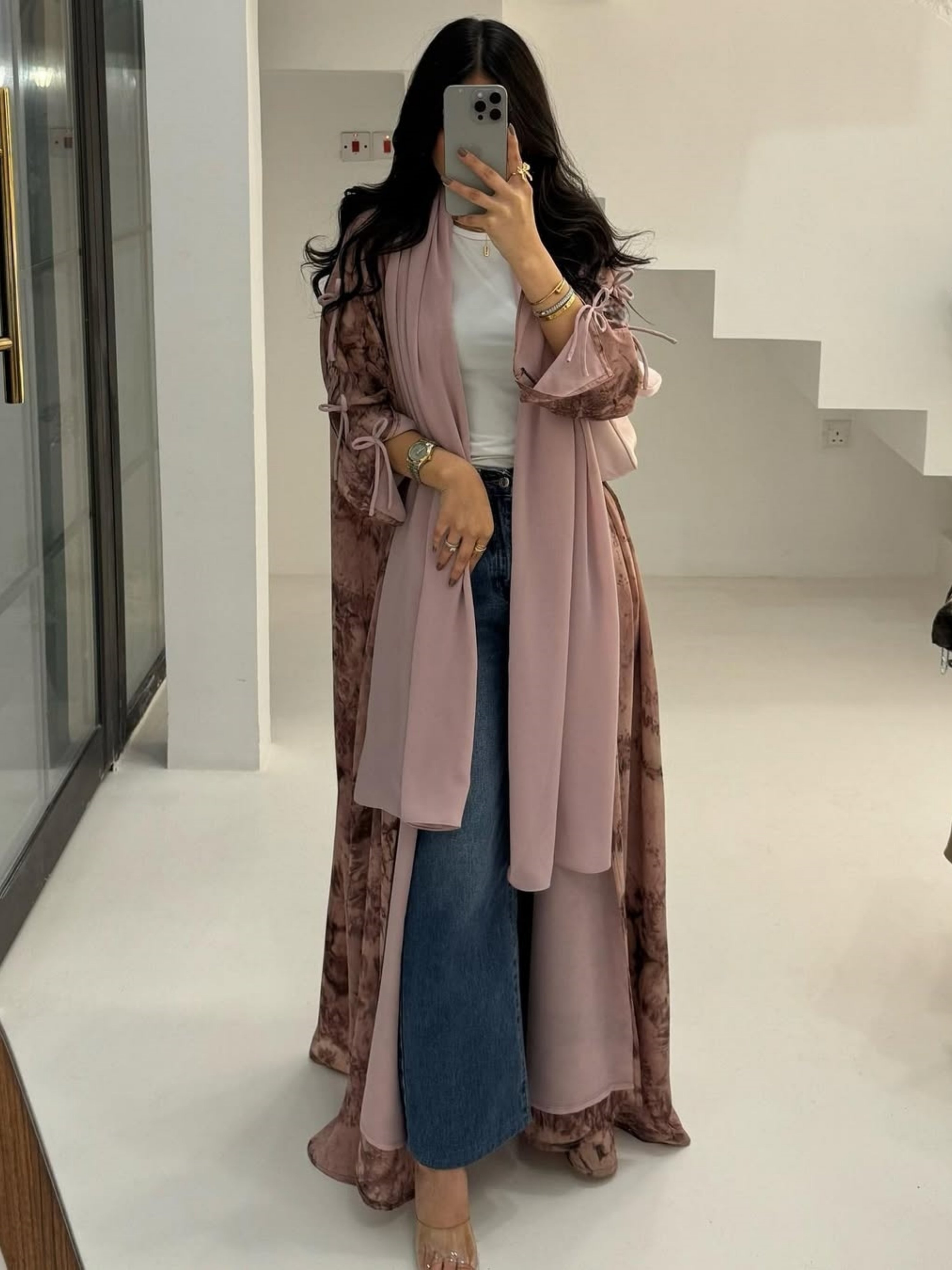 Abstract Print Open Front Abaya