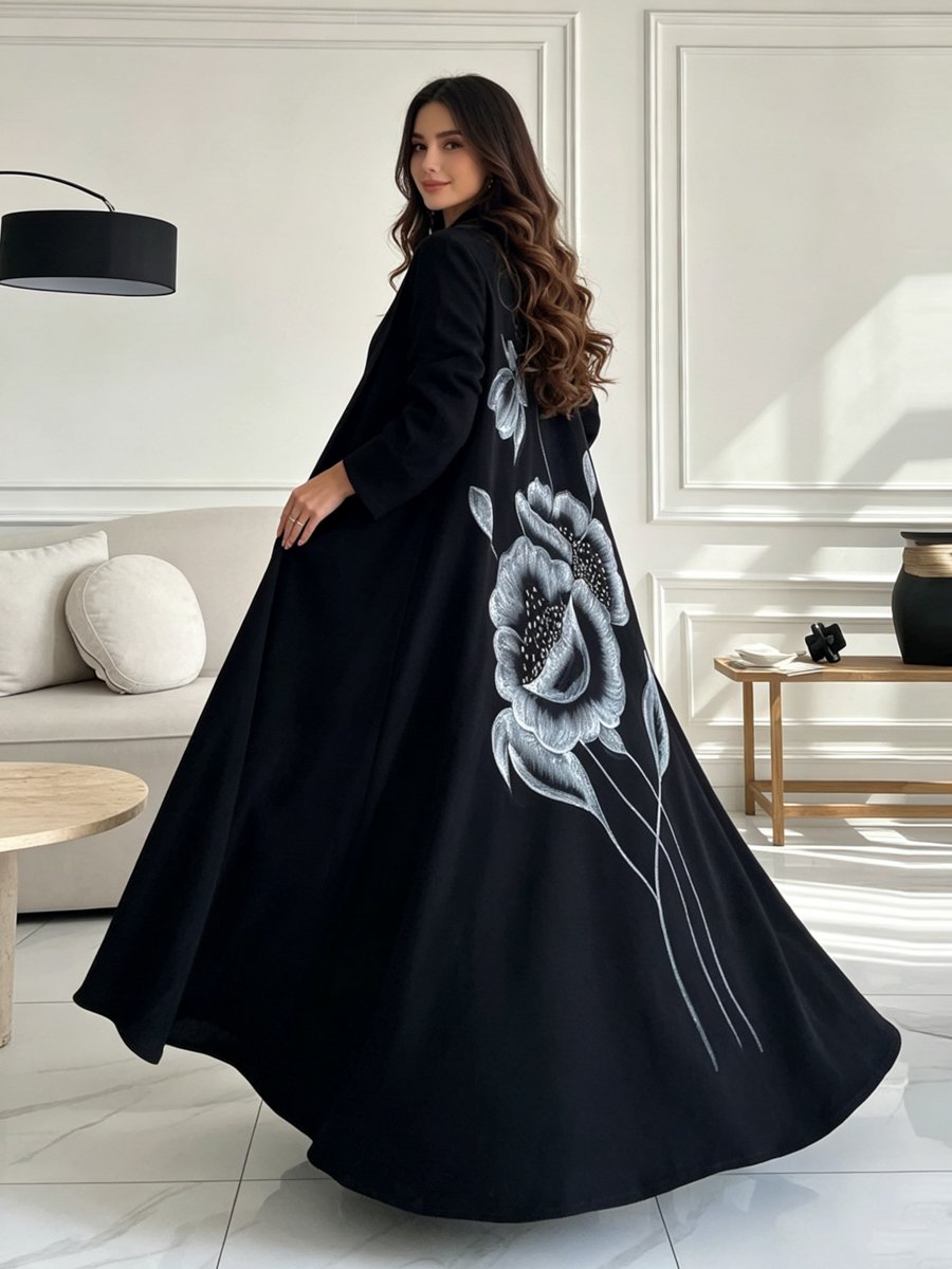 Black Flora Back Print Abaya