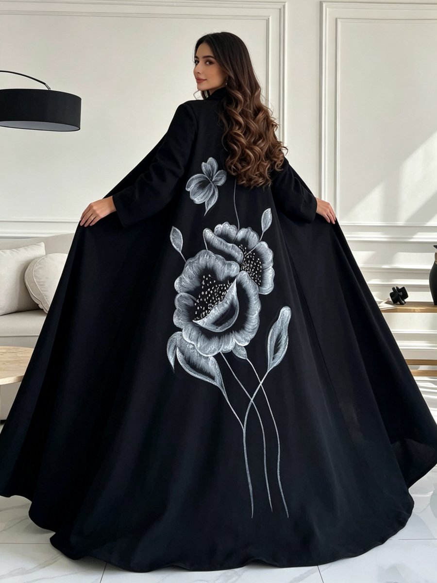 Black Flora Back Print Abaya
