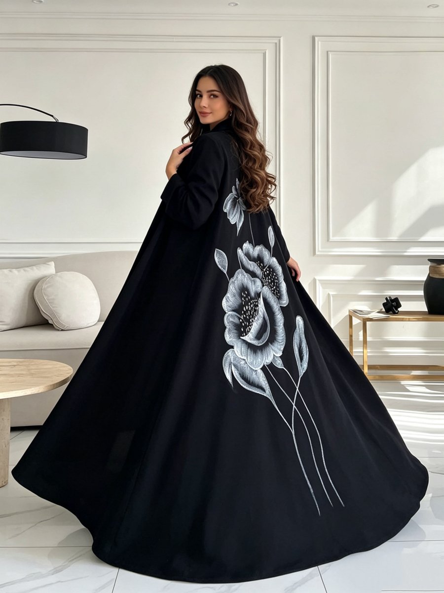 Black Flora Back Print Abaya