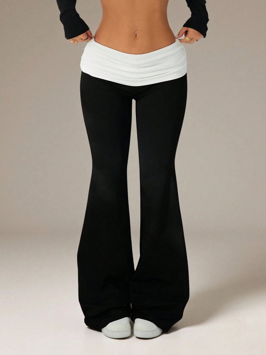 Black Flare Leg Pants with Fold-Over Waistband