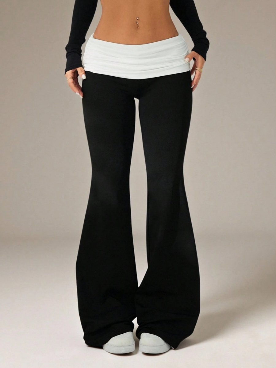 Black Flare Leg Pants with Fold-Over Waistband